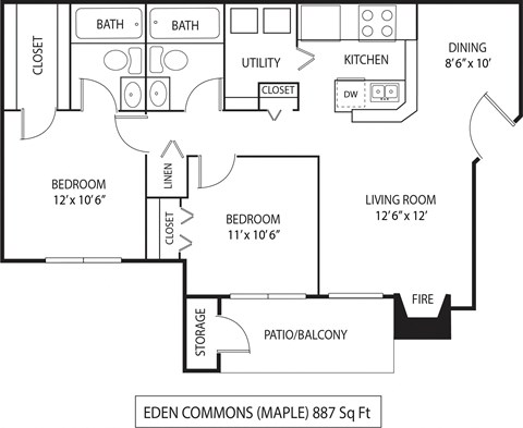 Floor plan for 2 beds, 2 baths, 887 sqft